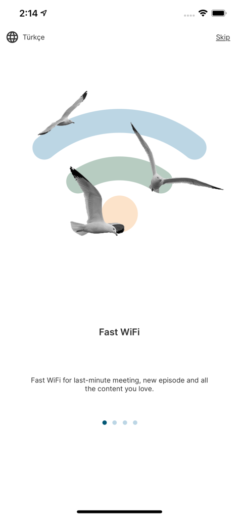 Schermata di onboarding dell'app Galataport Istanbul che evidenzia la funzionalità Wi-Fi veloce con grafiche stilizzate di gabbiani.