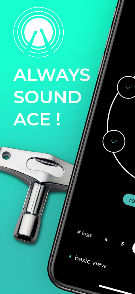 Smartphone screen showing the drum tuner EZ app interface and a physical drum key