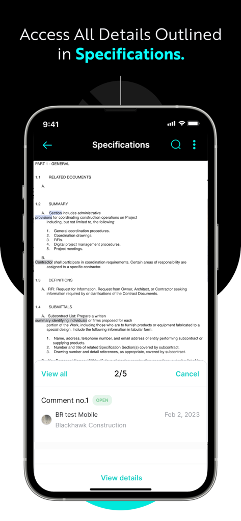 INGENIOUS.BUILD - Mobile screen showing construction project specifications and comments within the INGENIOUS.BUILD app