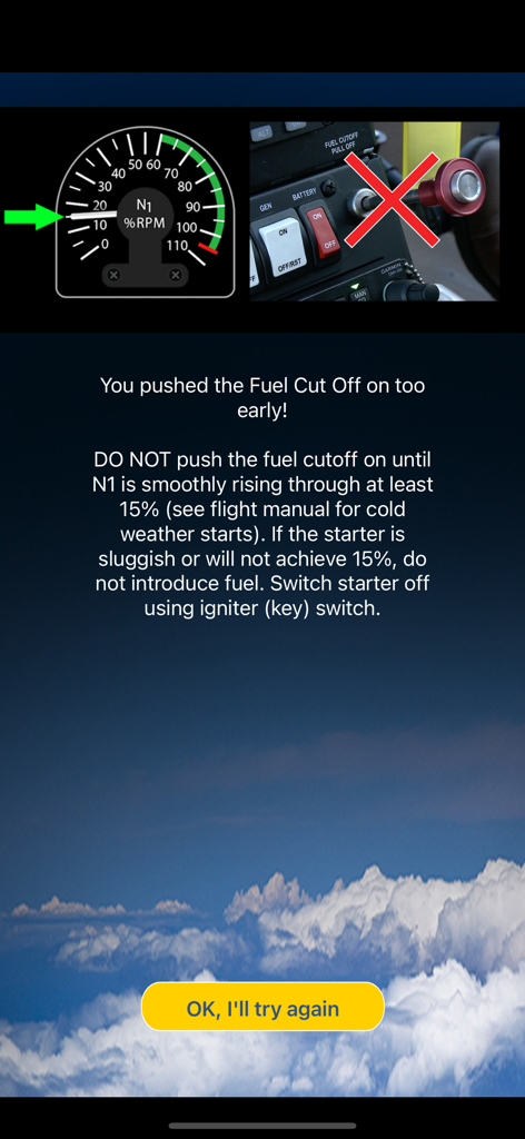 R66 Cockpit Trainer - Tela de mensagem de erro no aplicativo R66 Cockpit Trainer explicando um corte antecipado de combustível durante a partida do helicóptero