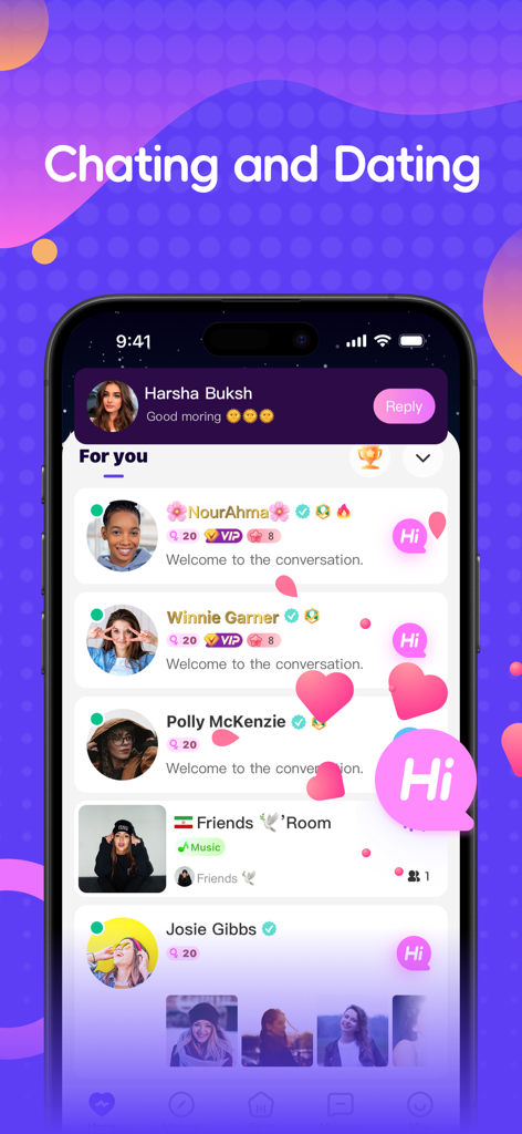 Interface of Laka app showing a list of user profiles for chatting and dating with heart emojis