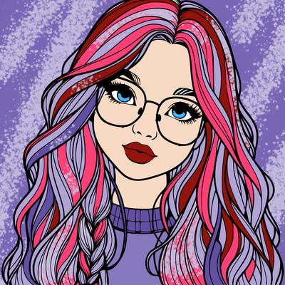 girl with long hair and freckles and glasses realistic