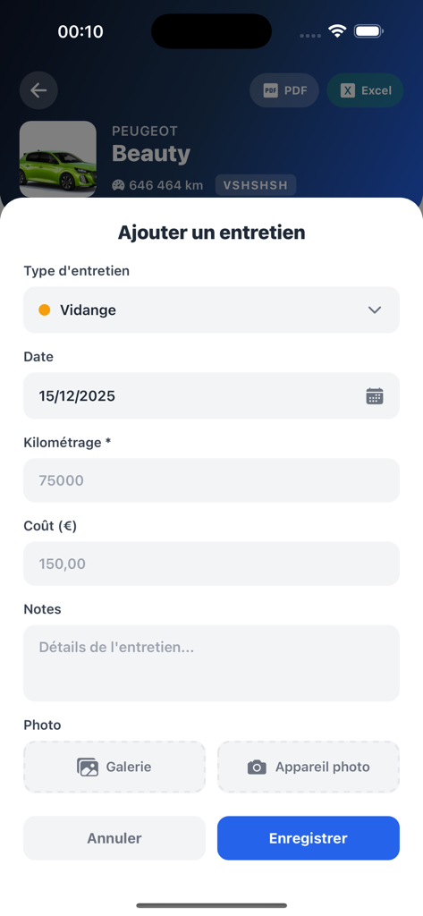 My Inventory AI - Mobile app interface for adding a vehicle maintenance record with fields for date mileage and cost
