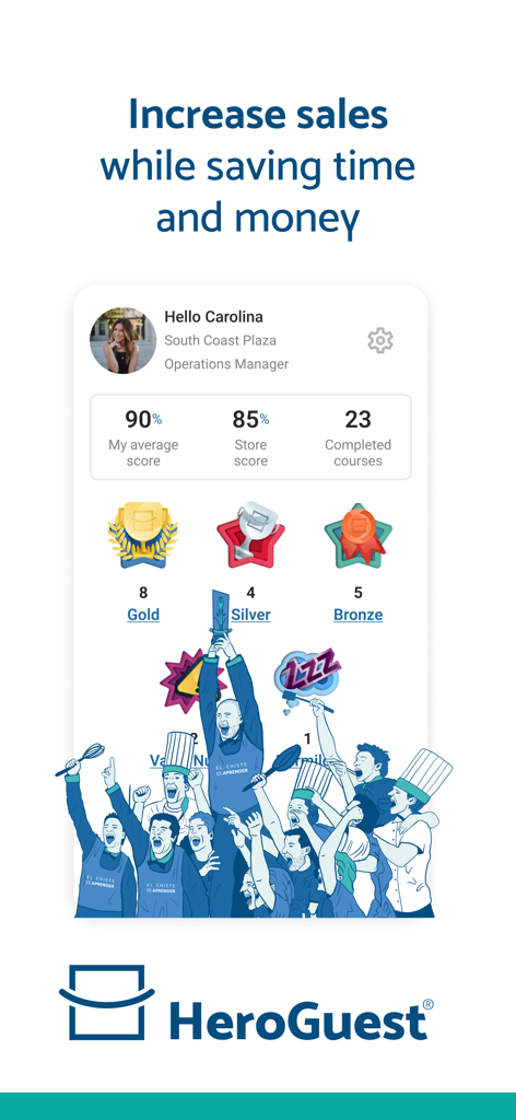 Panel de control de la aplicación Hero Guest mostrando estadísticas de rendimiento del personal de hostelería y distintivos de formación gamificados