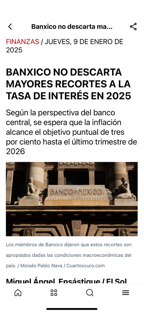 OEM Noticias - Finance news article about Banxico interest rates in the OEM Noticias mobile app