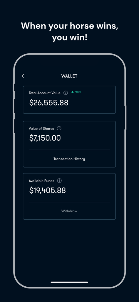CMNWLTH - CMNWLTH app wallet screen showing total account value and available funds from horse race investments