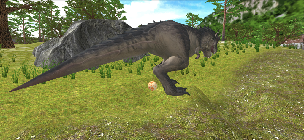 Dino Family Adventure Game - A large dinosaur standing near a spotted egg in a grassy landscape