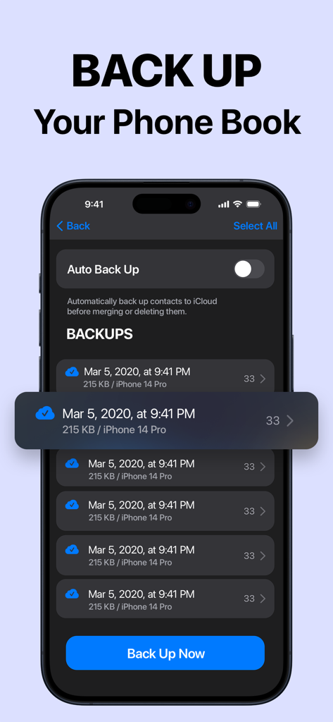 Cleaner Kit app contact backup interface showing history and auto backup settings