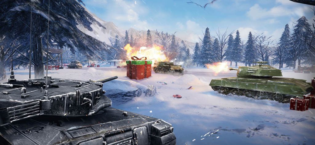 Furious Tank: War of Worlds - Realistic tank combat in a snowy winter landscape with festive gift boxes