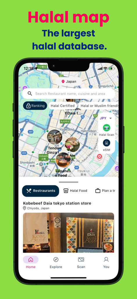 eHalal-Halal Scanner/eSIM - eHalal app showing a map of halal certified restaurants in Tokyo Japan with search and filter options