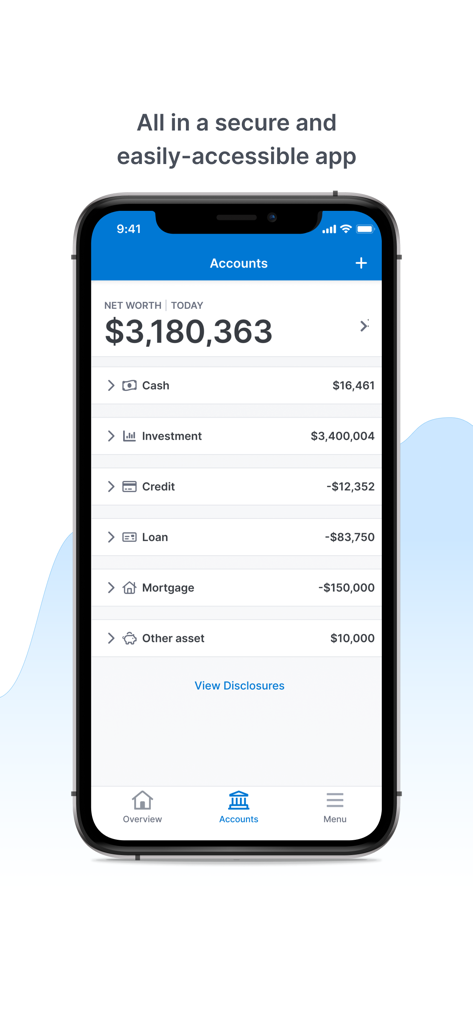 Simplicity Wealth mobile app displaying total net worth and detailed account balances including cash investments and mortgage.
