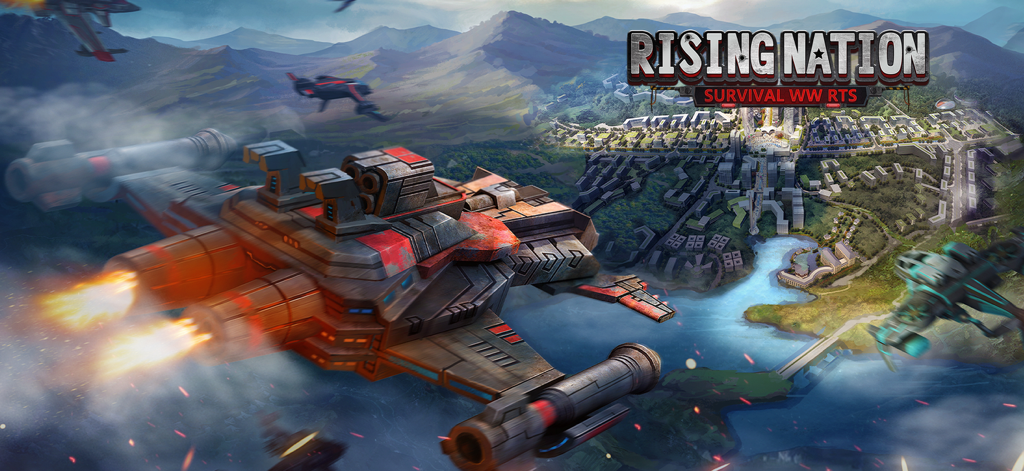 Rising Nation: Survival WW RTS - Futuristic military jets flying over a coastal city base in Rising Nation Survival WW RTS