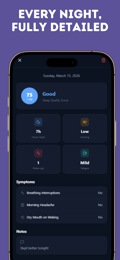 Nightly sleep report screen displaying sleep quality score metrics and tracked symptoms