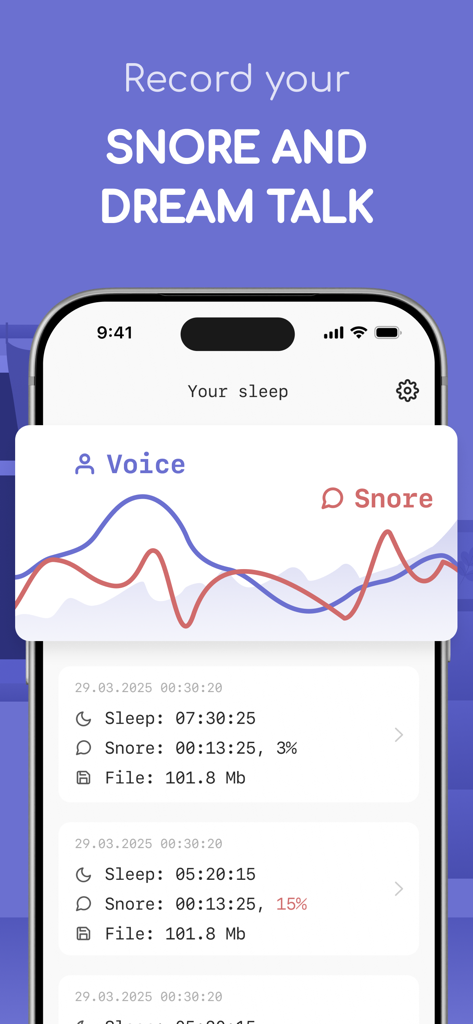 Snore Tracker app interface displaying recordings for snoring and dream talk with data graphs