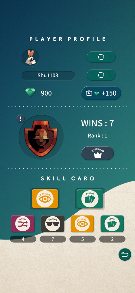 MEMORICA - Memorica player profile screen showing user statistics rank and a collection of strategic skill cards like Shuffle and See Through