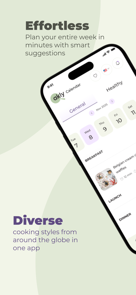 Akly - Aklyアプリのモバイル画面。朝食と夕食のオプションを含む週次の食事プランニングカレンダーが表示されています。