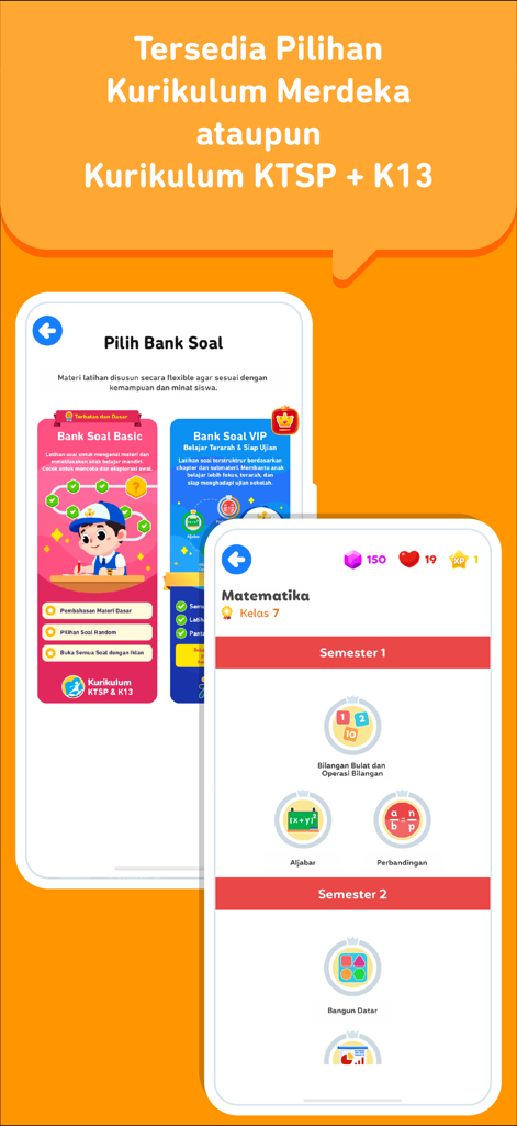 Soal Ujian SMP + TKA - Interface of the Soal Ujian SMP app showing options for different Indonesian school curricula and Grade 7 mathematics modules