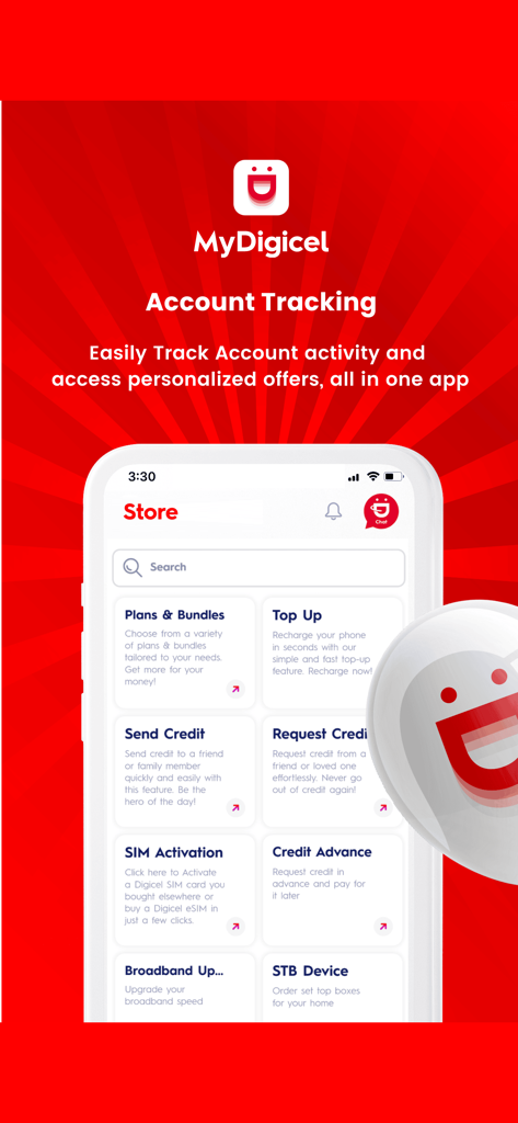 MyDigicel - MyDigicel app interface displaying account tracking and store features like top up and send credit.