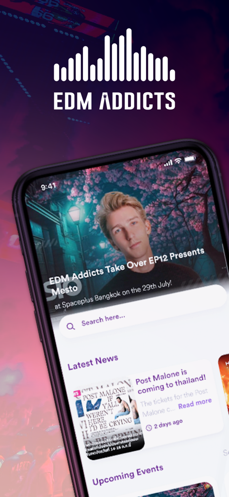 EDM Addicts - The EDM Addicts app home screen displaying the latest news and upcoming electronic music festivals.