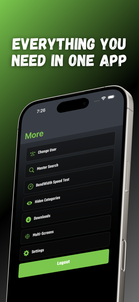 S Player Pro - S Player Pro App-Menü auf dem iPhone mit Funktionen wie Bandbreitengeschwindigkeitstest und Mehrfachbildschirmen