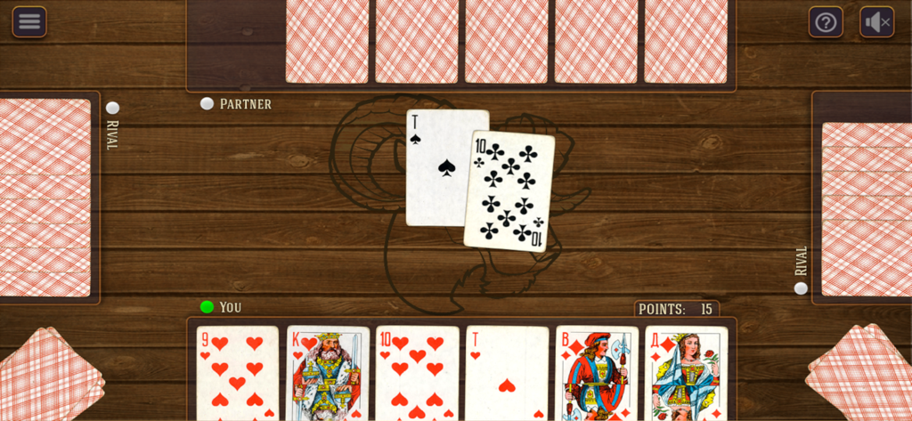 Kozel online - Jugabilidad del juego de cartas Kozel online con una interfaz clásica de mesa de madera y cartas de juego tradicionales