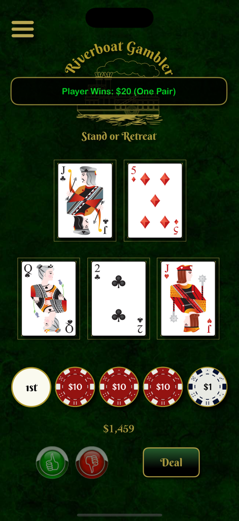 Riverboat Gambler - A gameplay screen from the Riverboat Gambler app showing a Stand or Retreat card game where the player has won twenty dollars with one pair.
