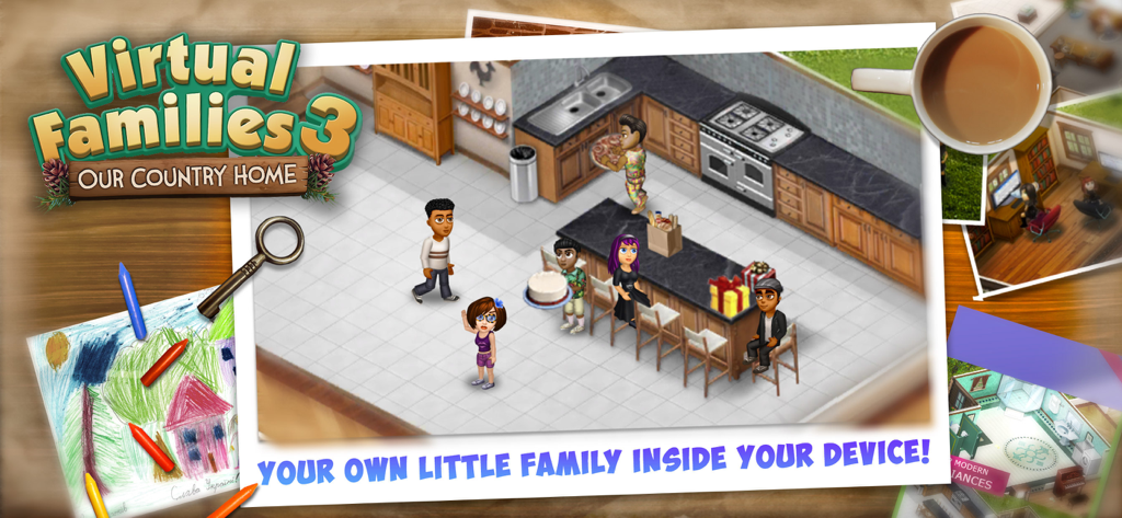 Gameplay-Screenshot von Virtual Families 3, der eine vielfältige Familie in einer modernen Küchenumgebung zeigt.