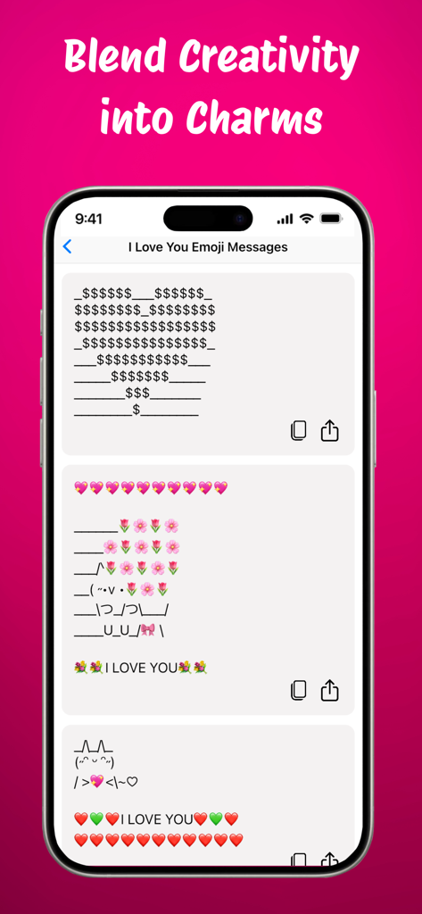 Love Messages, Birthday Wishes - Love Messages app screen showing creative emoji art and ASCII heart patterns for romantic texting