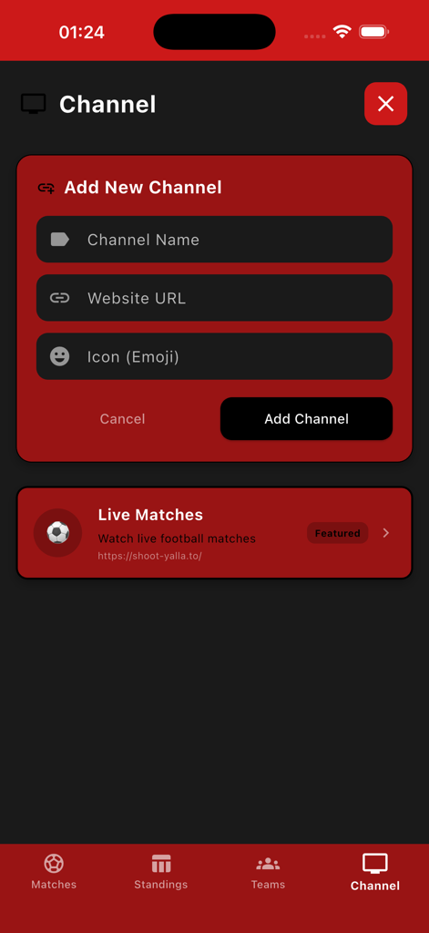 Yacine TV - بث للمباريات - Interface de l'application Yacine TV montrant le formulaire Ajouter une nouvelle chaîne et la liste des matchs en direct