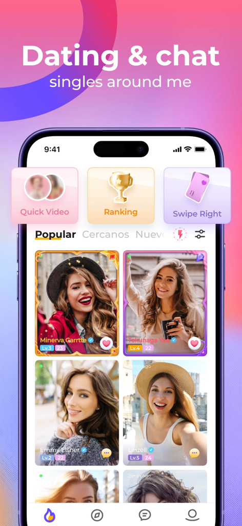 Meete dating app interface showing popular user profiles and social features like quick video and ranking