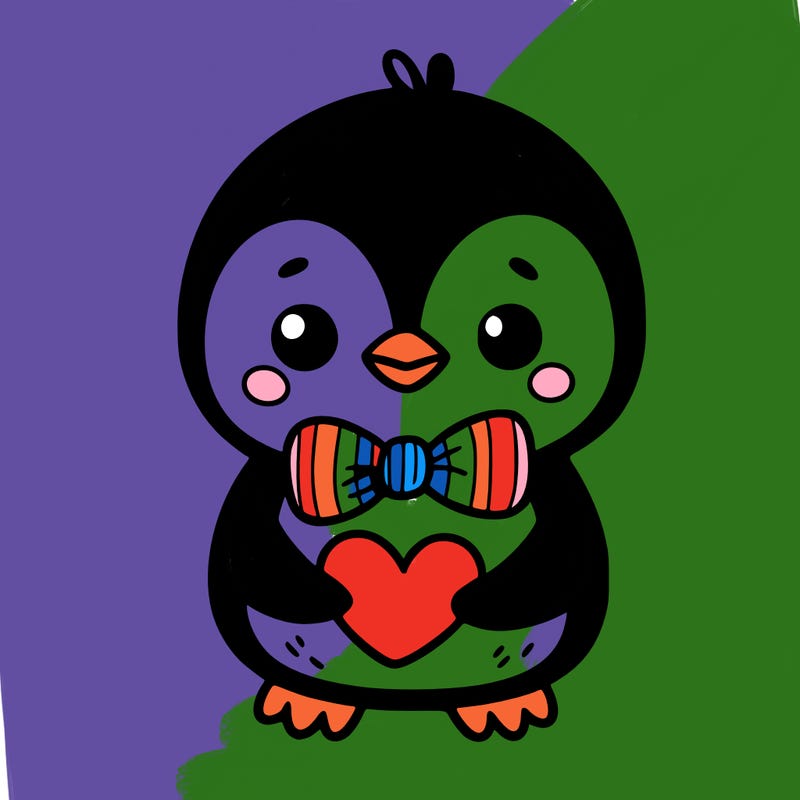 cute penguin with bow tie holding heart
