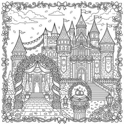 Immerse yourself in a fairy tale with this enchanting royal palace coloring page, beautifully adorned for a majestic wedding celebration. Discover intricate details and romantic elements, perfect for bringing your dream wedding scene to life with color.