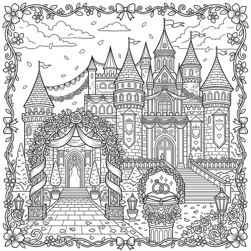 Immerse yourself in a fairy tale with this enchanting royal palace coloring page, beautifully adorned for a majestic wedding celebration. Discover intricate details and romantic elements, perfect for bringing your dream wedding scene to life with color.