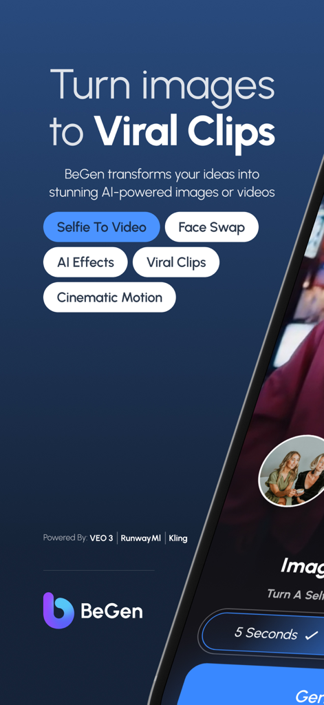 BeGen AI Video Generator app screen displaying features to turn images into viral clips for social media