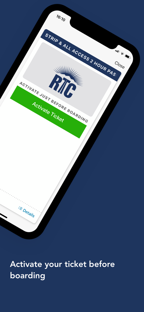 rideRTC - Mobile screen of the rideRTC app showing a two hour transit pass with a green button to activate the ticket before boarding.