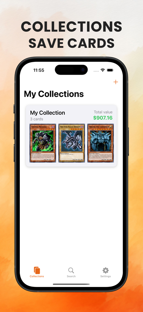 A mobile interface for tracking Yu-Gi-Oh card collections showing the total market value of saved cards.
