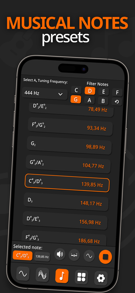 Frequency Sound Wave Generator - Interface showing musical notes presets and their corresponding frequencies in Hertz for precise tuning