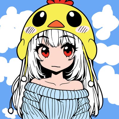 anime girl with chick shaped hat with sweater with bare shoulders with bangs covering them one eye with low tail