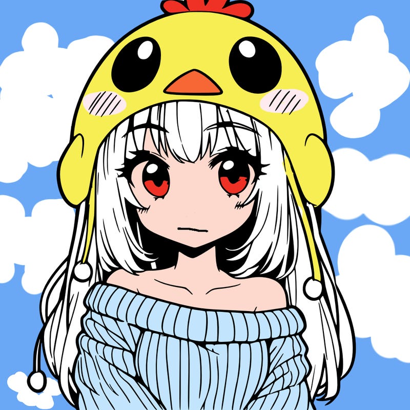 anime girl with chick shaped hat with sweater with bare shoulders with bangs covering them one eye with low tail