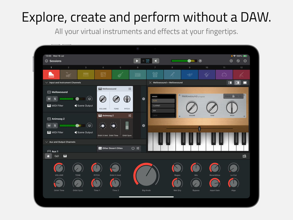 Sessions app interface on iPad showing a multi-channel mixer with virtual instruments and macro controls.