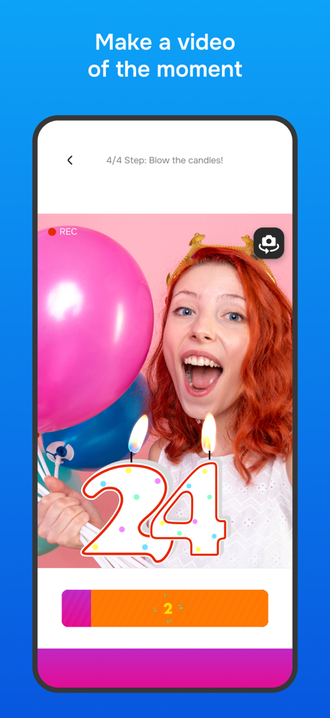 A young woman celebrating her 24th birthday with virtual candles and balloons while recording a video in the app