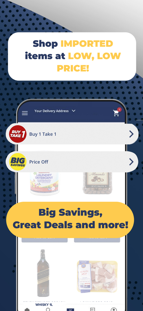 S&R Shopping - S&R Shopping Mobile App-Oberfläche mit Werbebannern für importierte Artikel und große Einsparungen.