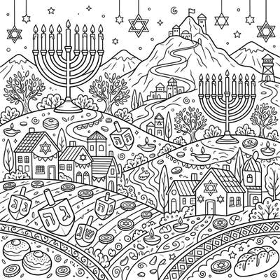 Celebrate the Festival of Lights with this delightful Hanukkah coloring page, featuring a charming village nestled in rolling foothills. Discover menorahs, dreidels, gelt, and houses adorned with Stars of David, ready for your creative touch.
