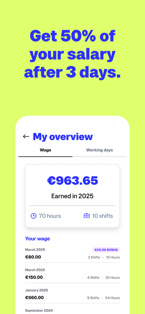Zenjob - Flexible Nebenjobs - Zenjob mobile app screen showing earnings overview and fifty percent fast payout message