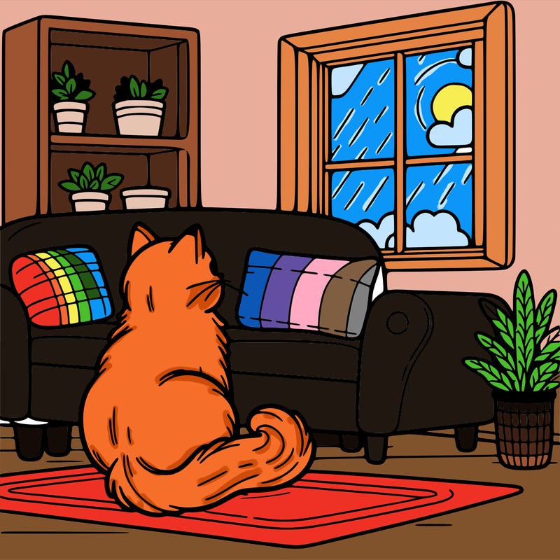 a cat sitting on a couch looking out the window