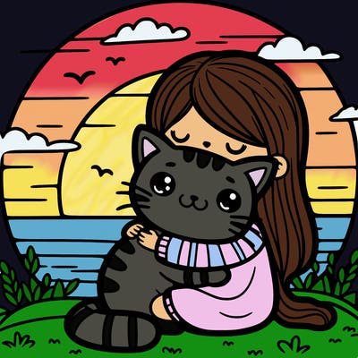 a cat with a girl hugging with a sun set in the background
