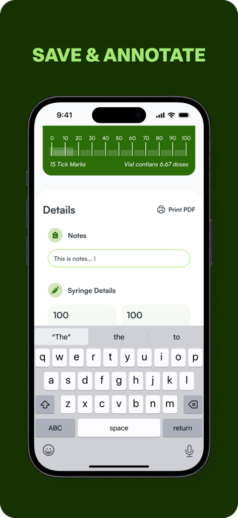 Peptide Calculator App - Una interfaz de aplicación móvil que muestra cómo guardar y anotar cálculos de dosis de péptidos con una visualización de la escala de la jeringa