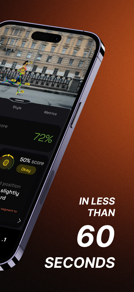Running & gait analysis - Ochy - Ochy app screen displaying AI gait analysis of a runner with a skeletal overlay and performance scores