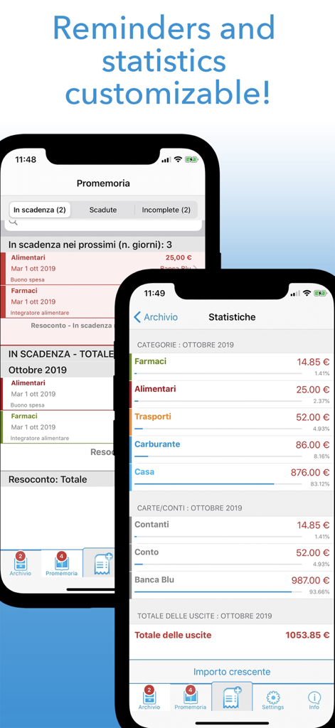 Two iPhone screens displaying the aBill app reminders list and expense statistics dashboard