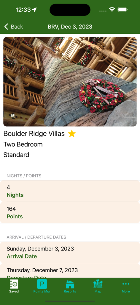 DVC Planner app screen showing reservation details for Boulder Ridge Villas including points and stay dates